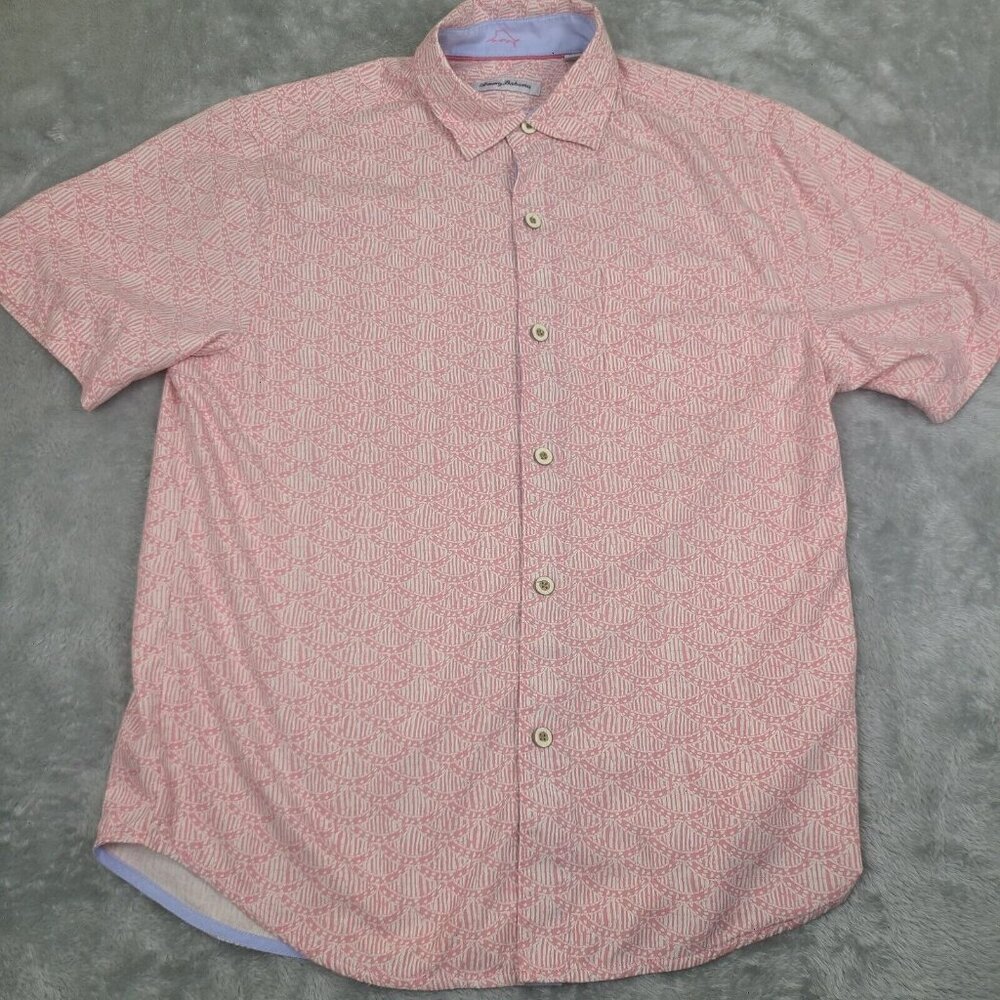 Tommy Bahama Shirt Mens Medium Camp Shirt Desoto Shells Pink Island Zone Adult